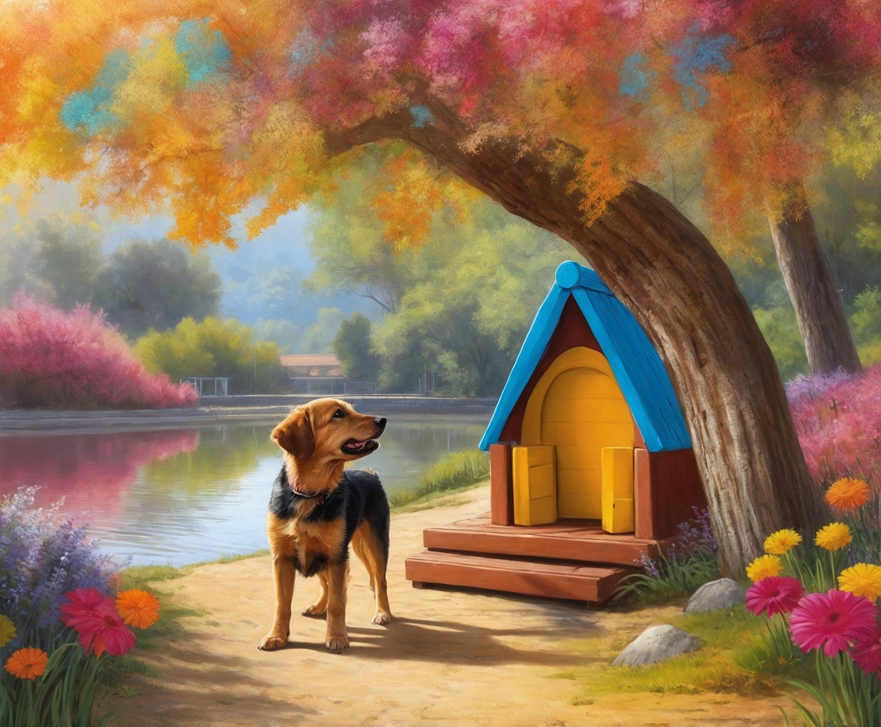 Perro feliz paseando con correa al aire libre.